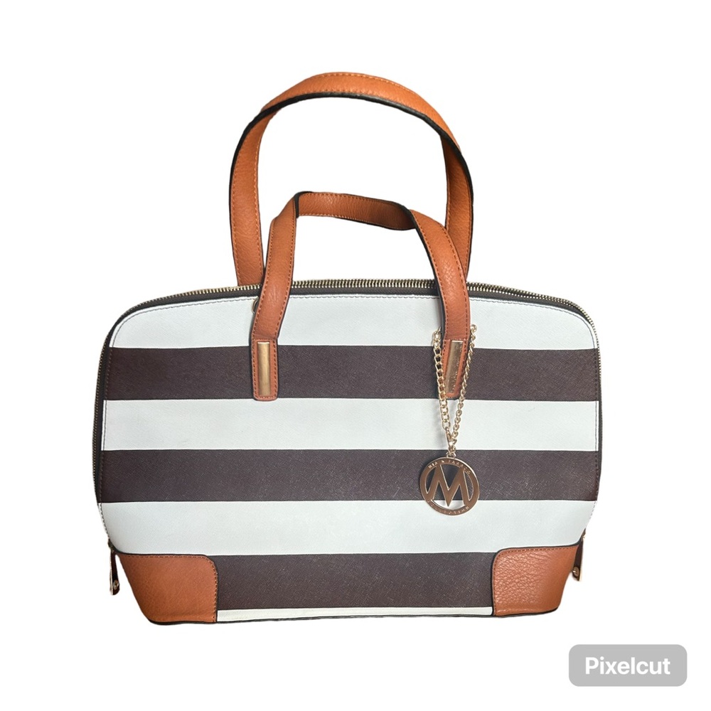 Brown and White Striped Handbag